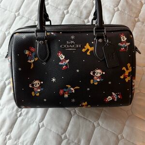 COACH Black Disney Christmas Print Leather Satchel